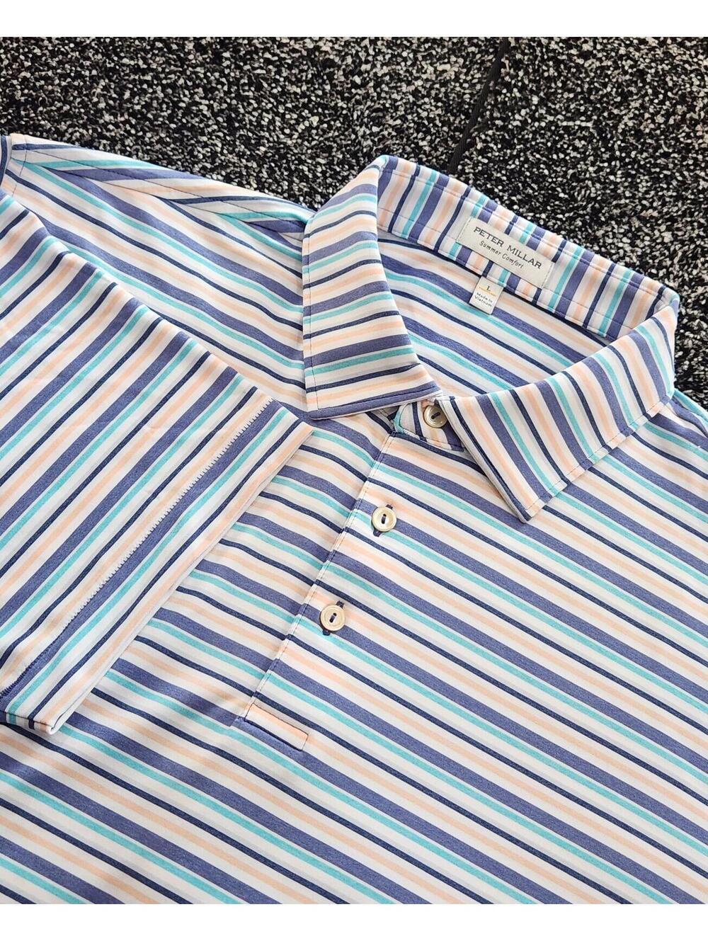 Peter Millar Summer Comfort Polo Shirt Mens L Blue Stripe Golf Stretch Top
